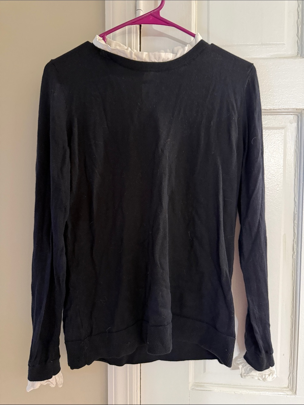LOFT Black Crewneck Sweater with Ruffle Trim